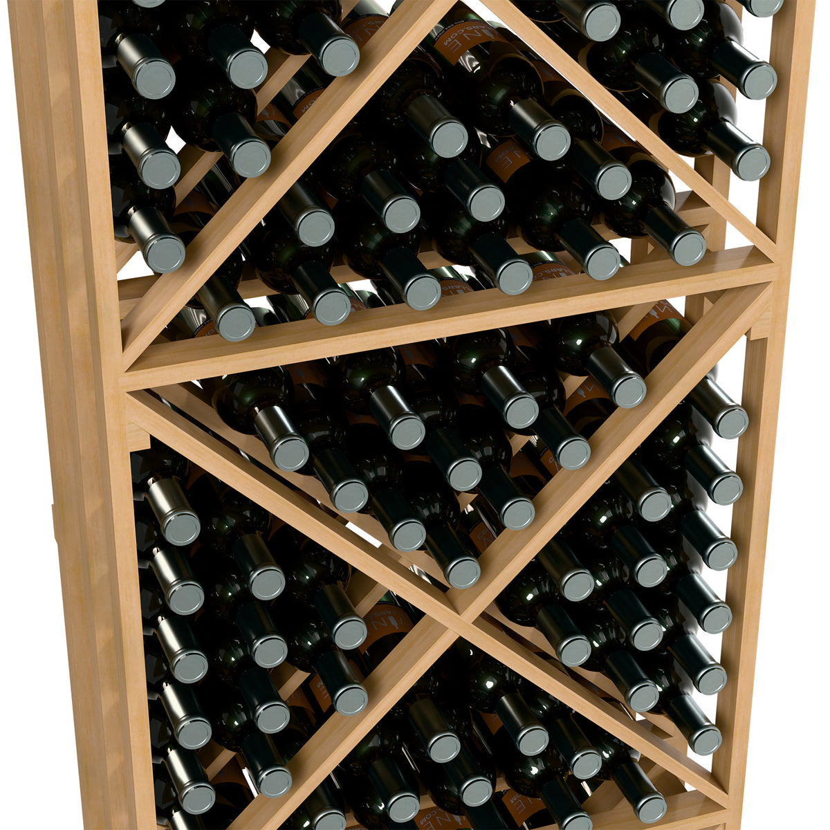 Close-up of light wood lattice wine rack with dark bottles and silver bottle caps