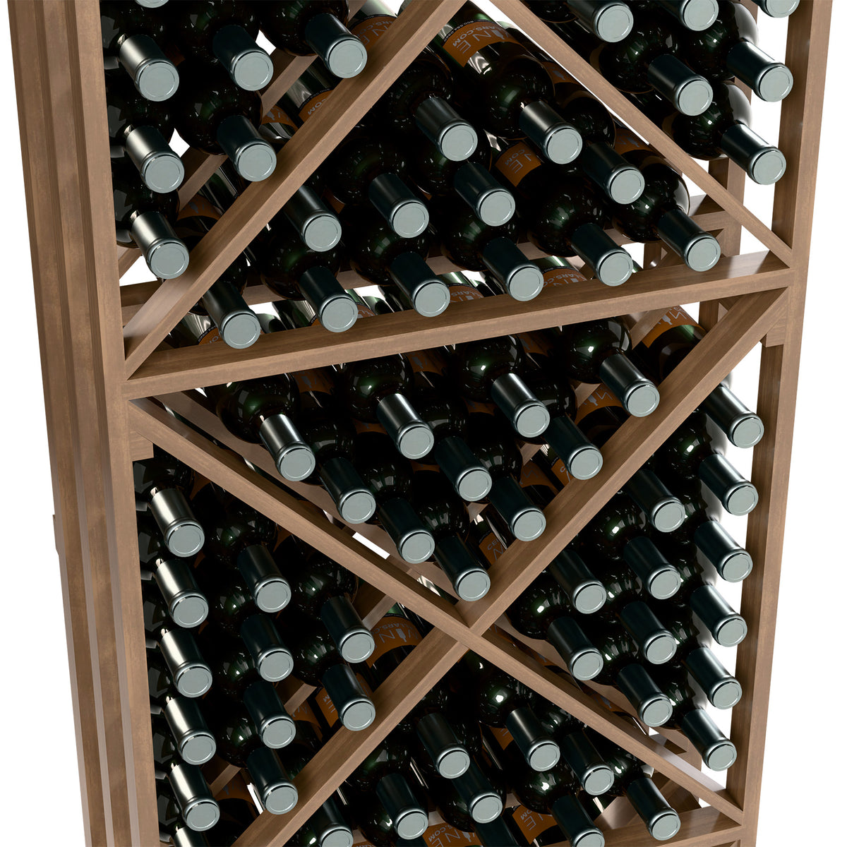 6ft wine bottle storage rack close-up showing light wood cube cells filled with bottles