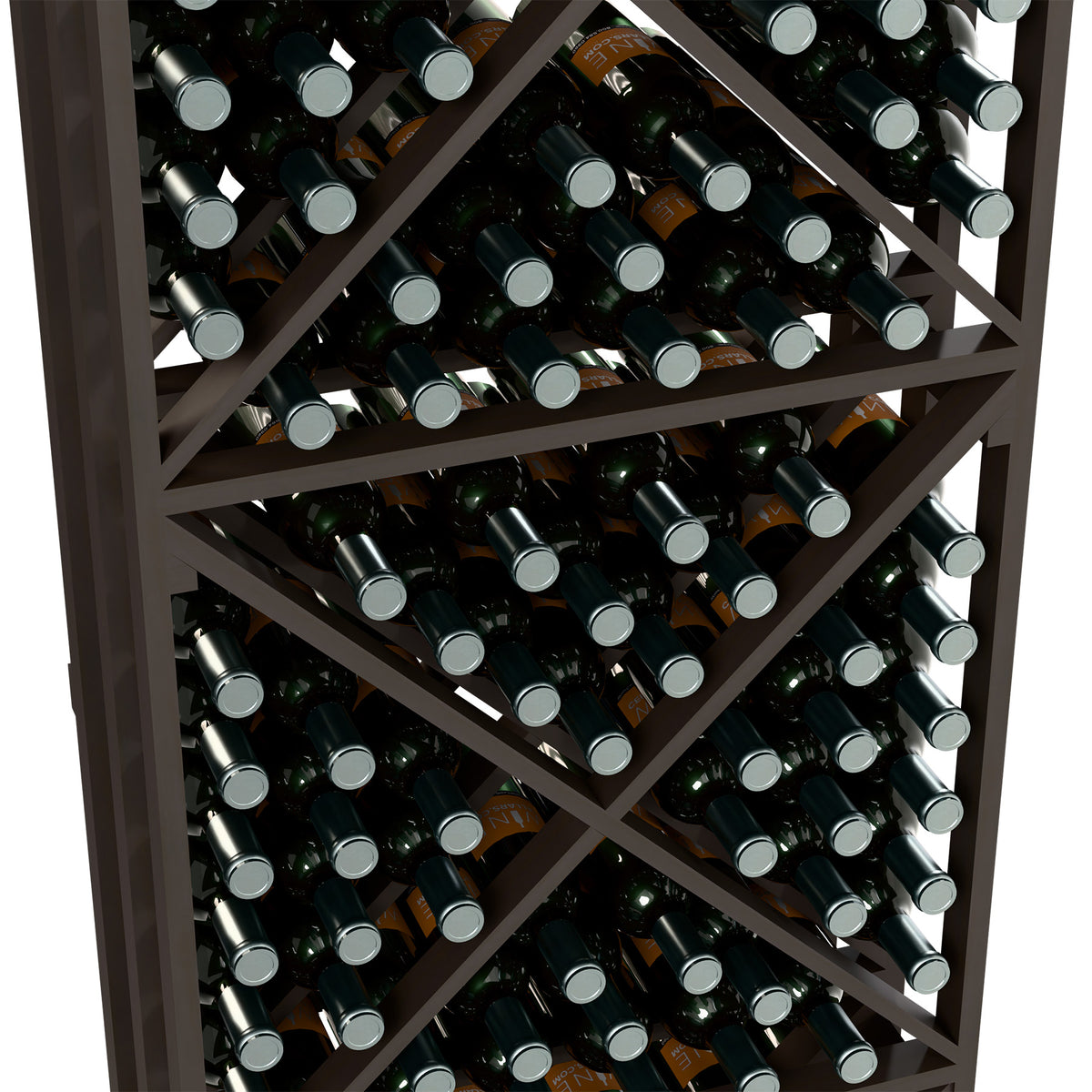 6ft wine bottle storage rack close-up: dark wood lattice holding bottles in cubes