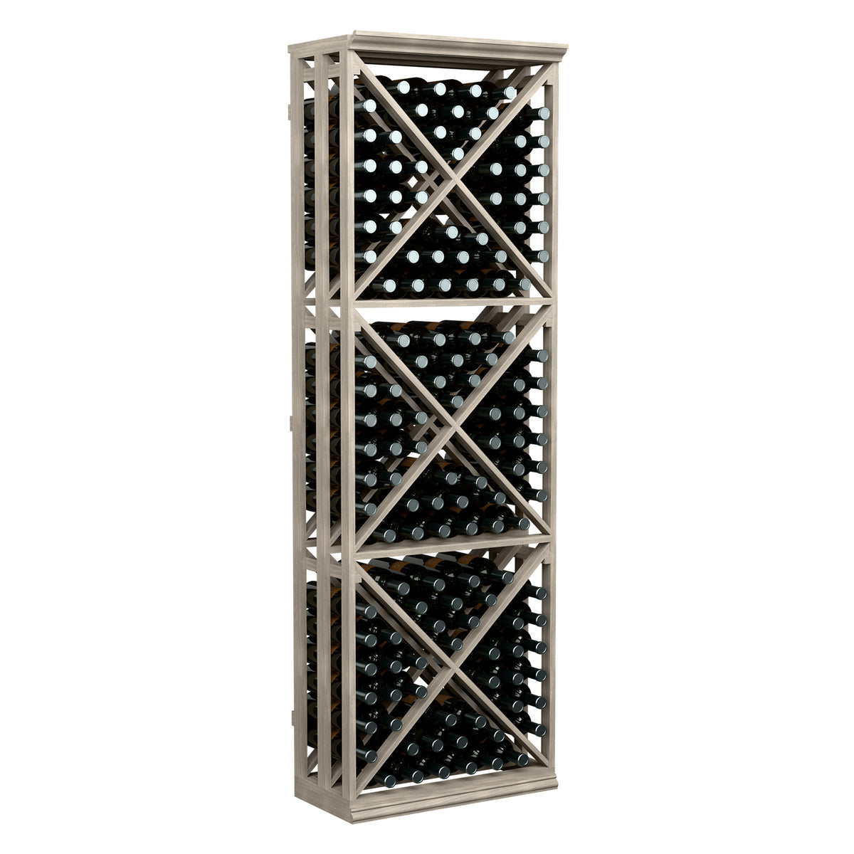 Dark wine bottle storage rack with X-cube lattice and open bottle tiers