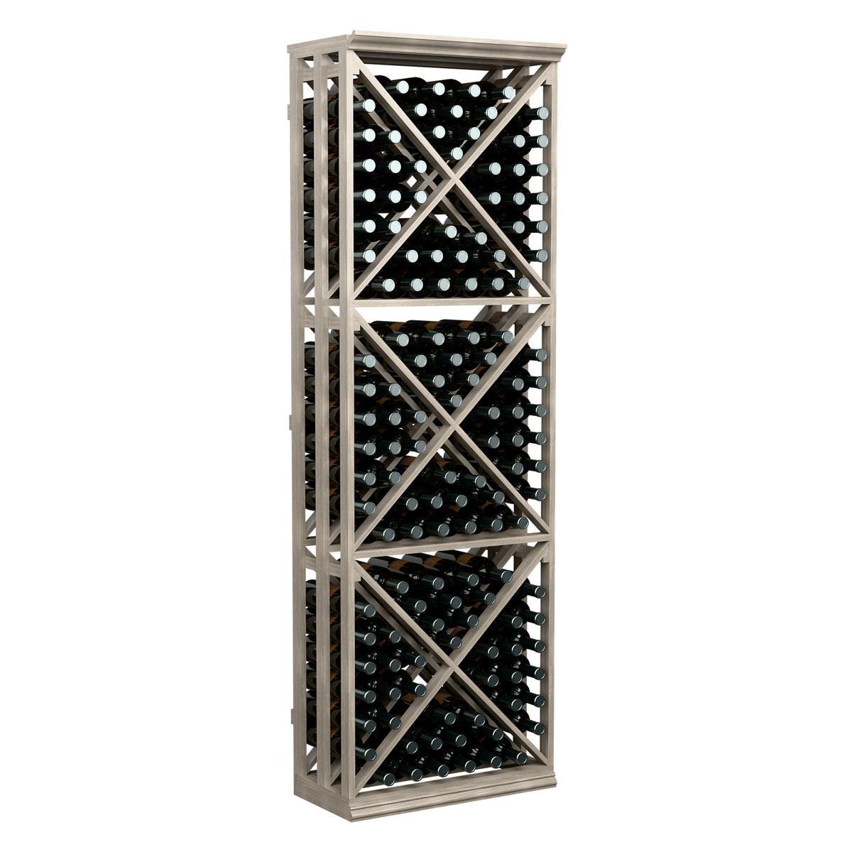 Tall dark wine bottle storage rack with lattice X-cube design and bottle rows