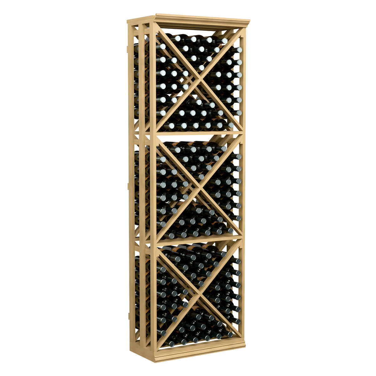 Light wood wine bottle storage rack with lattice X-cube pattern and bottle compartments