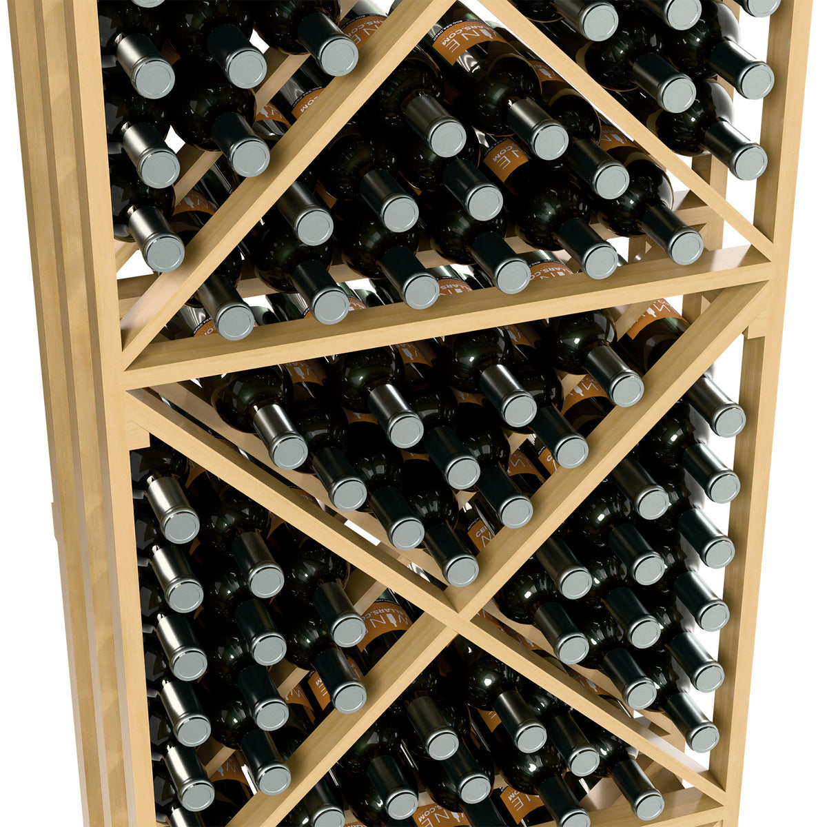 Light wood wine bottle storage rack with X-cube lattice shelves filled with bottles