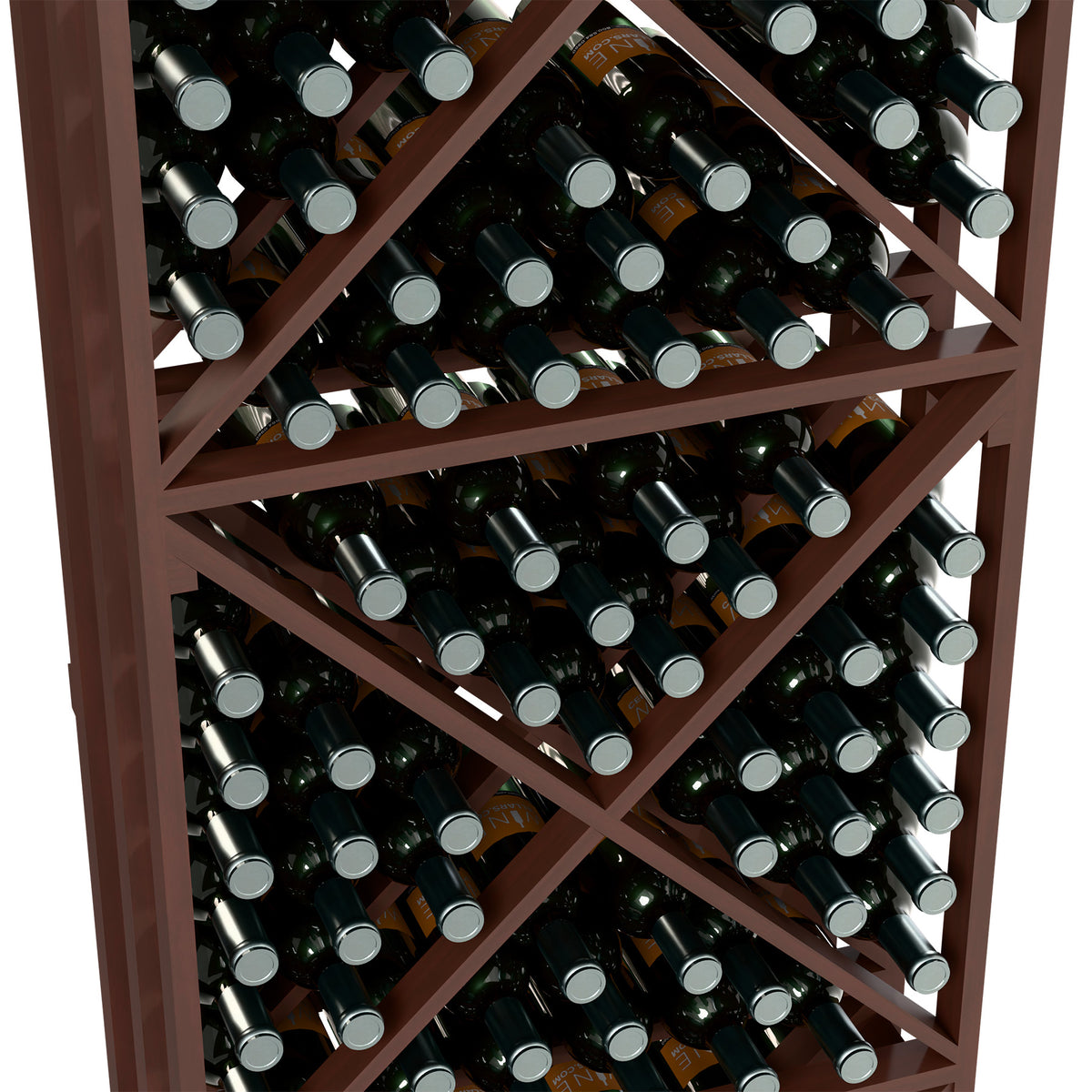 Dark wine bottle storage rack with X-cube lattice shelves filled with bottles