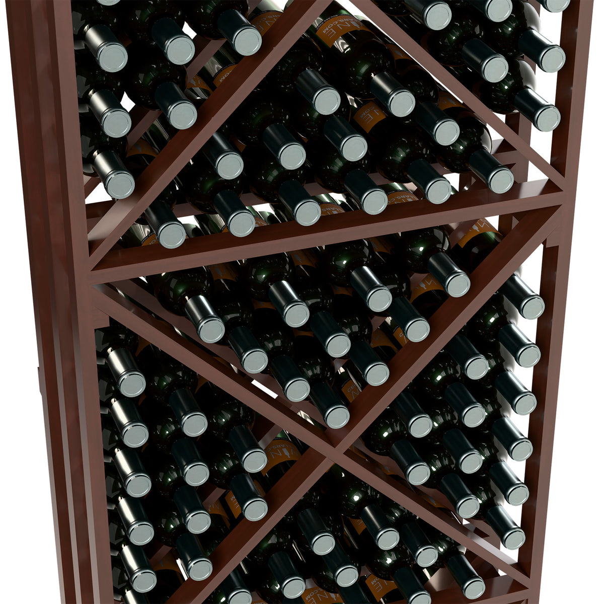 Wine storage rack with X-cube lattice shelves holding dark bottles, close-up
