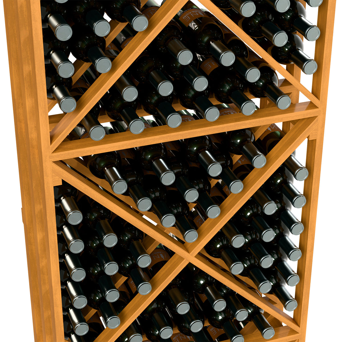 Wine rack close-up: light wood lattice shelves with dark bottles in rows