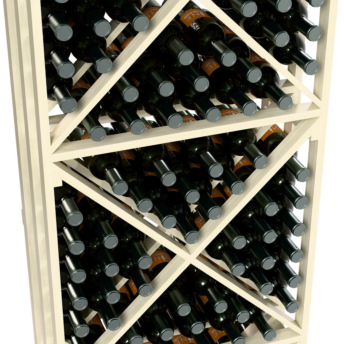 Wine storage rack close-up: white X-lattice shelves holding dark bottles