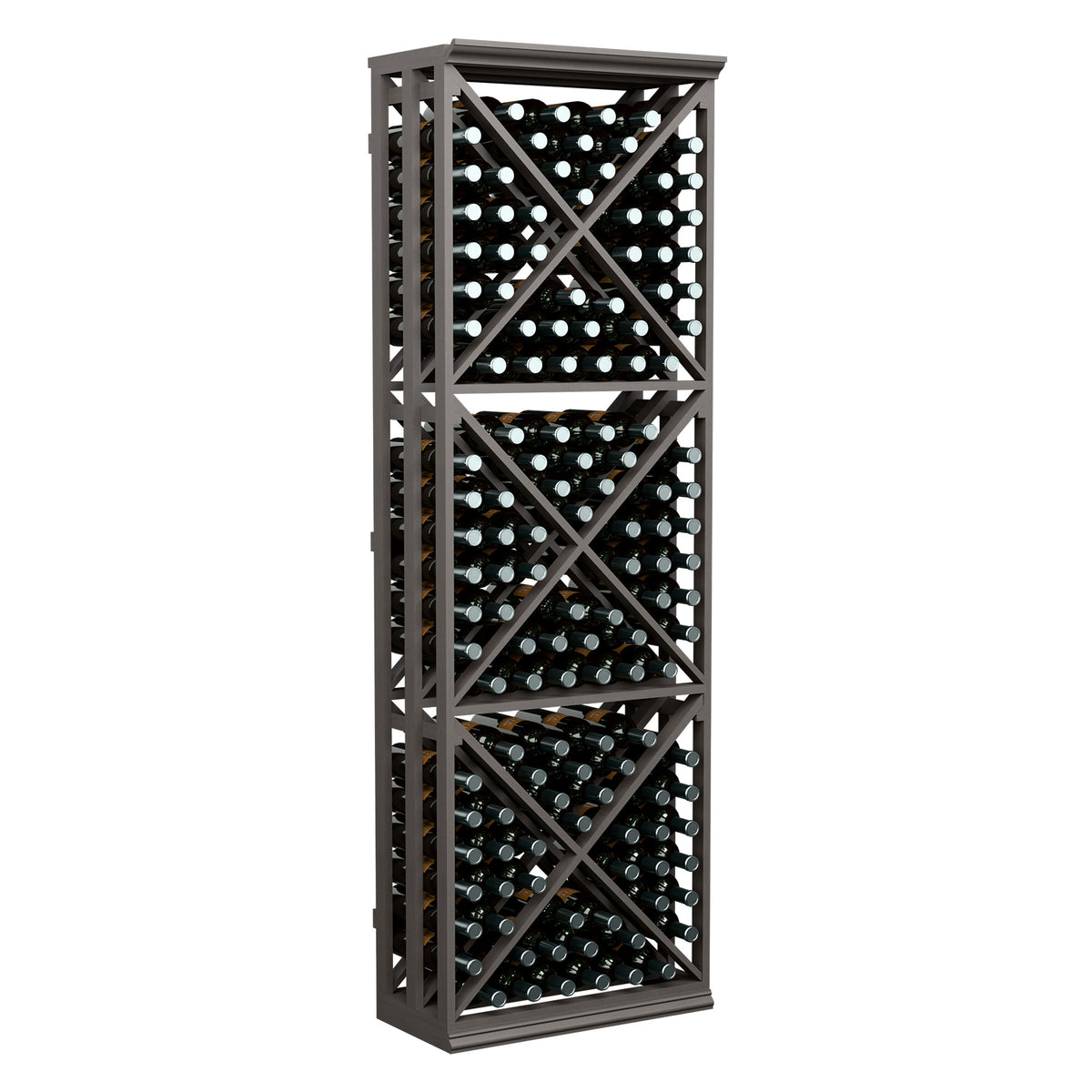 6ft wine bottle storage rack with black lattice X-cube compartments, holding bottles