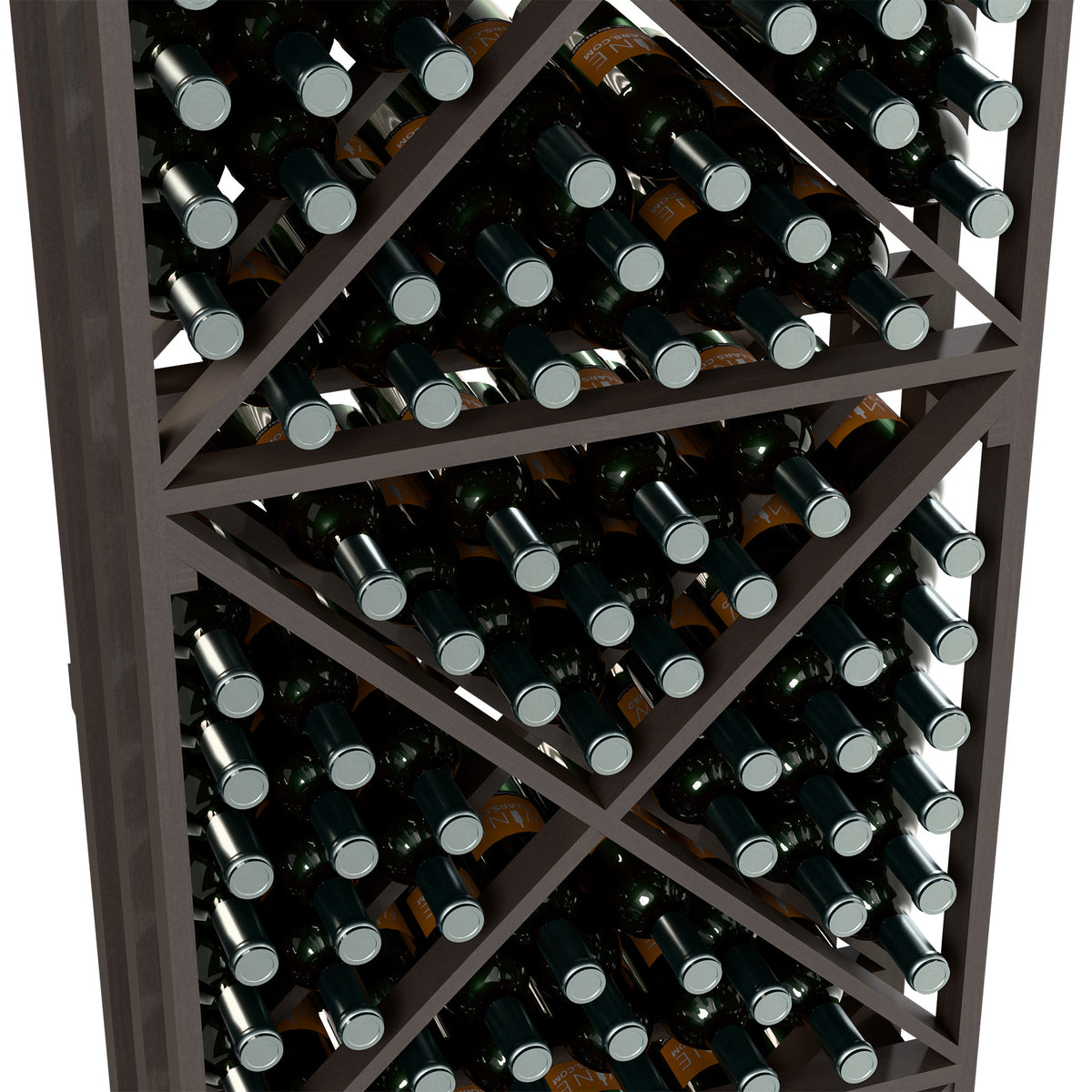 Black lattice wine rack with X-cube shelves packed with dark green bottles