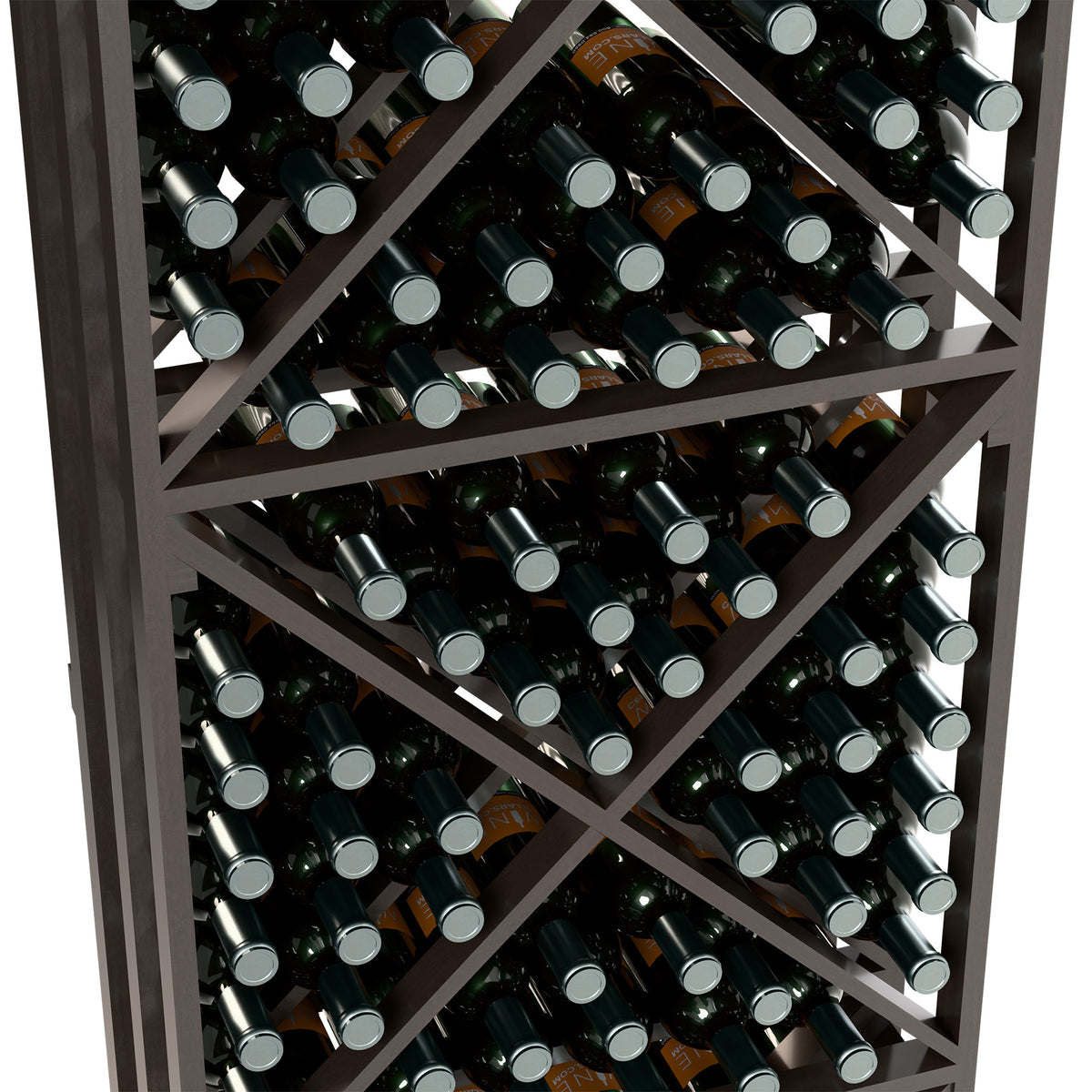Black X-cube wine rack close-up showing bottles in the grid-style shelves