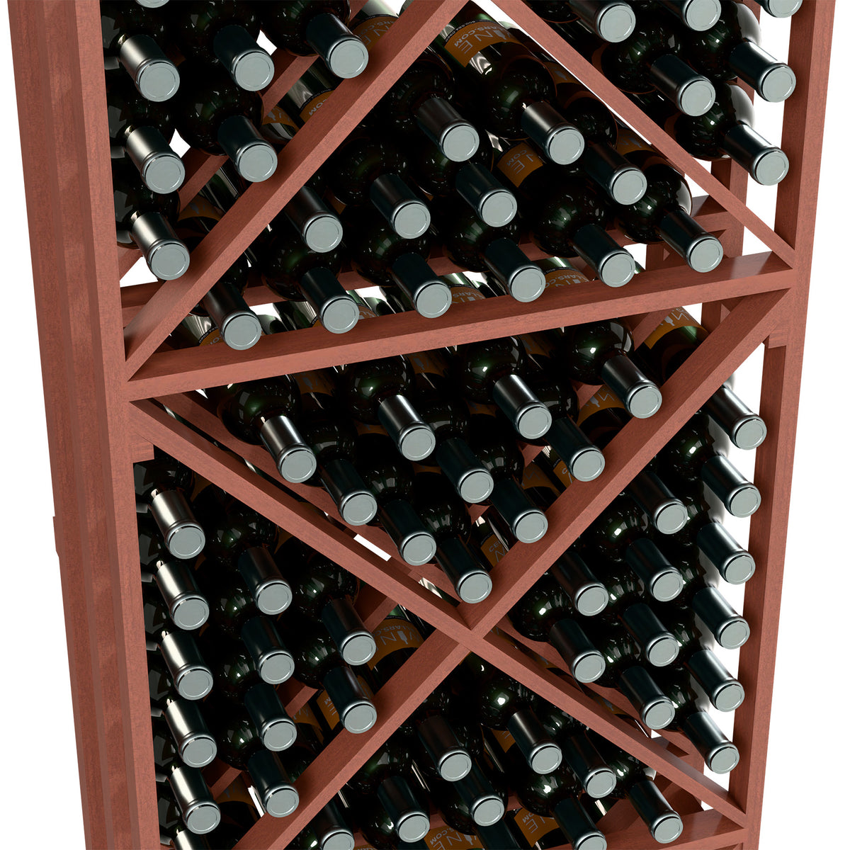 Red-brown lattice wine rack with X-cube shelves filled with dark green bottles