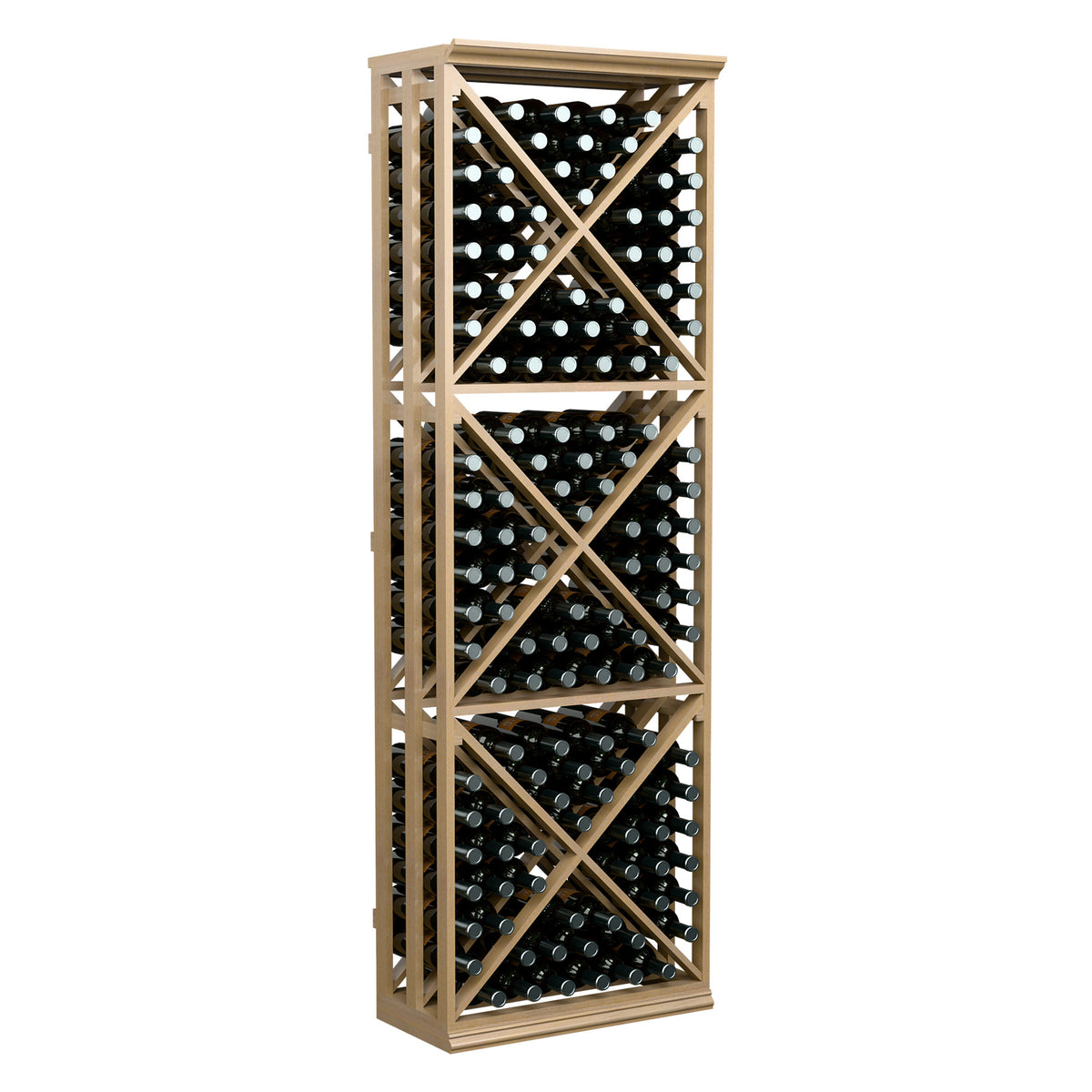 6 ft lattice wine bottle storage rack with crisscross X braces, light wood frame