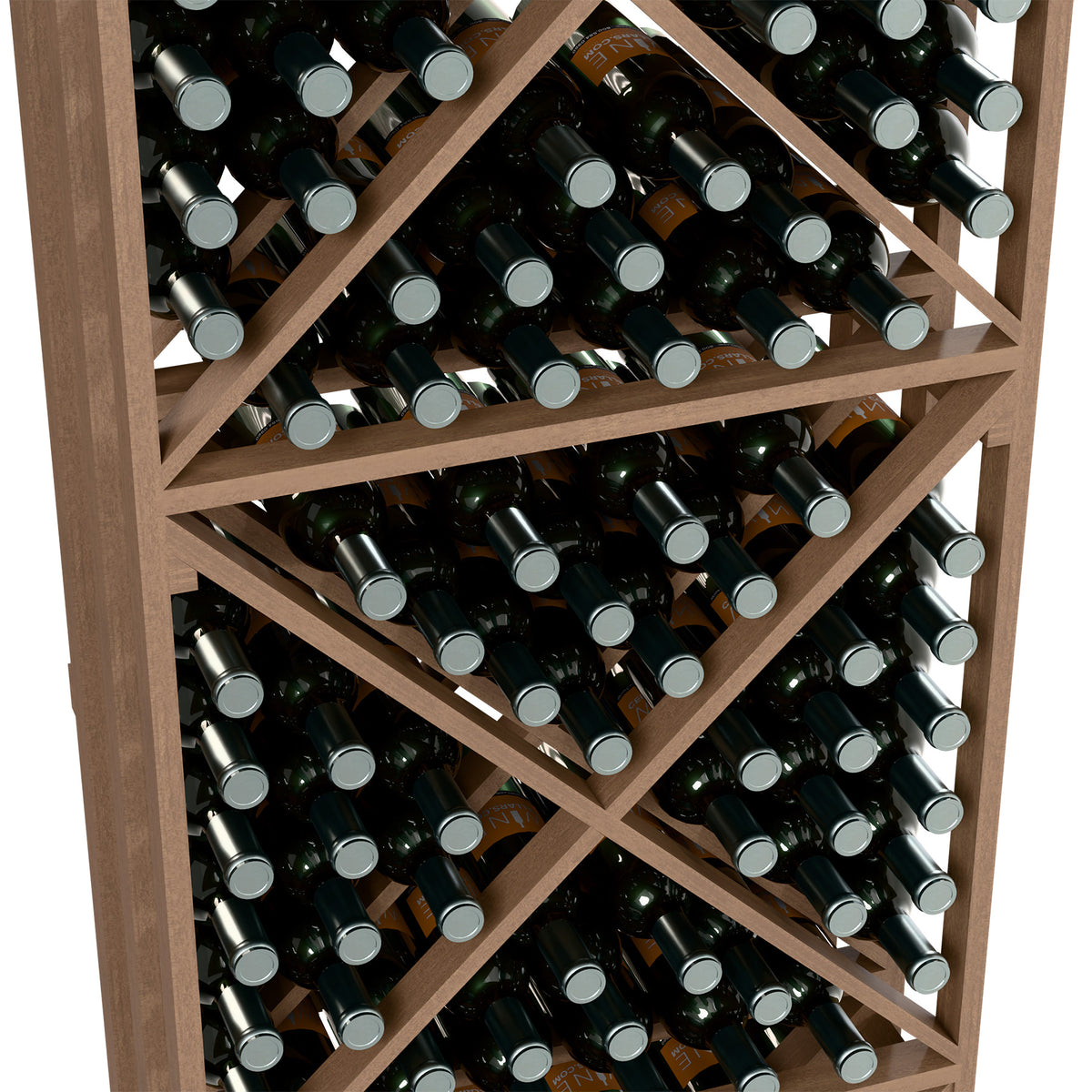 Close-up of light wood lattice wine bottle rack filled with dark bottles and gray caps