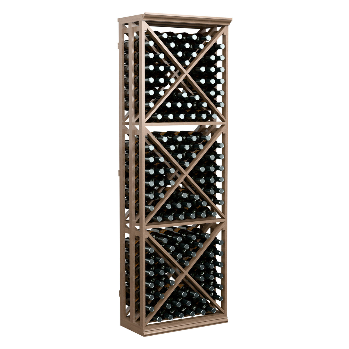6 ft lattice wine bottle storage rack with crisscross X braces, light wood frame