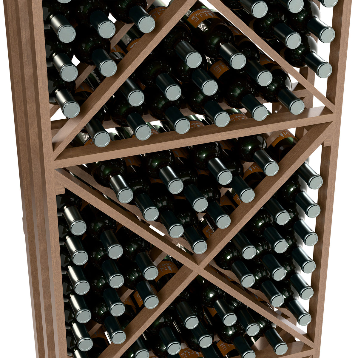 Close-up of light wood lattice wine bottle rack with dark bottles and silver-gray caps