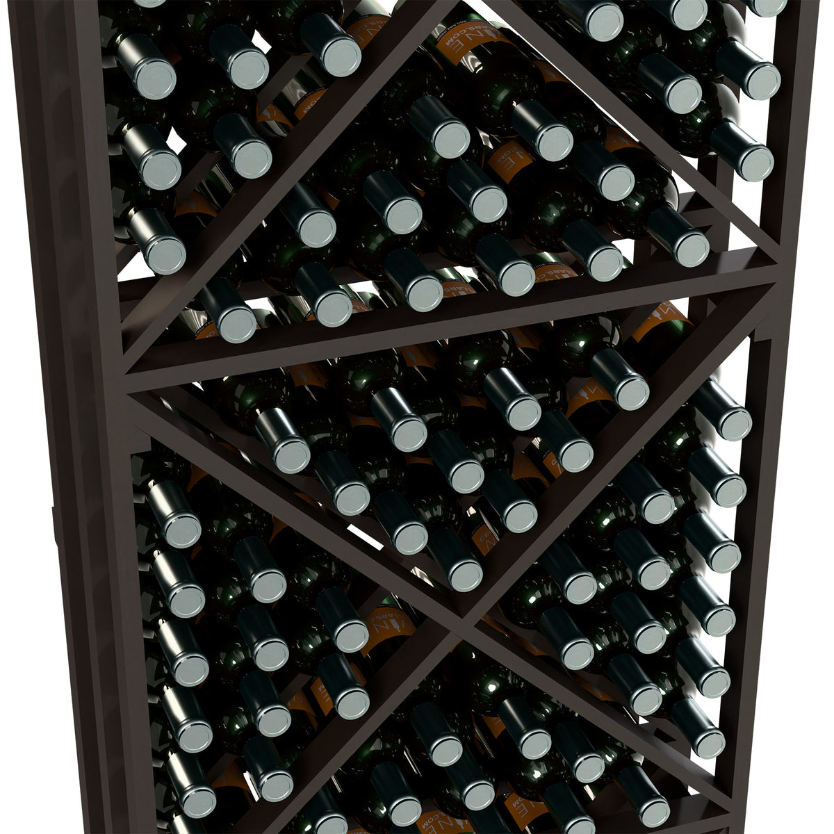 Close-up of black lattice wine bottle rack filled with dark bottles and gray caps