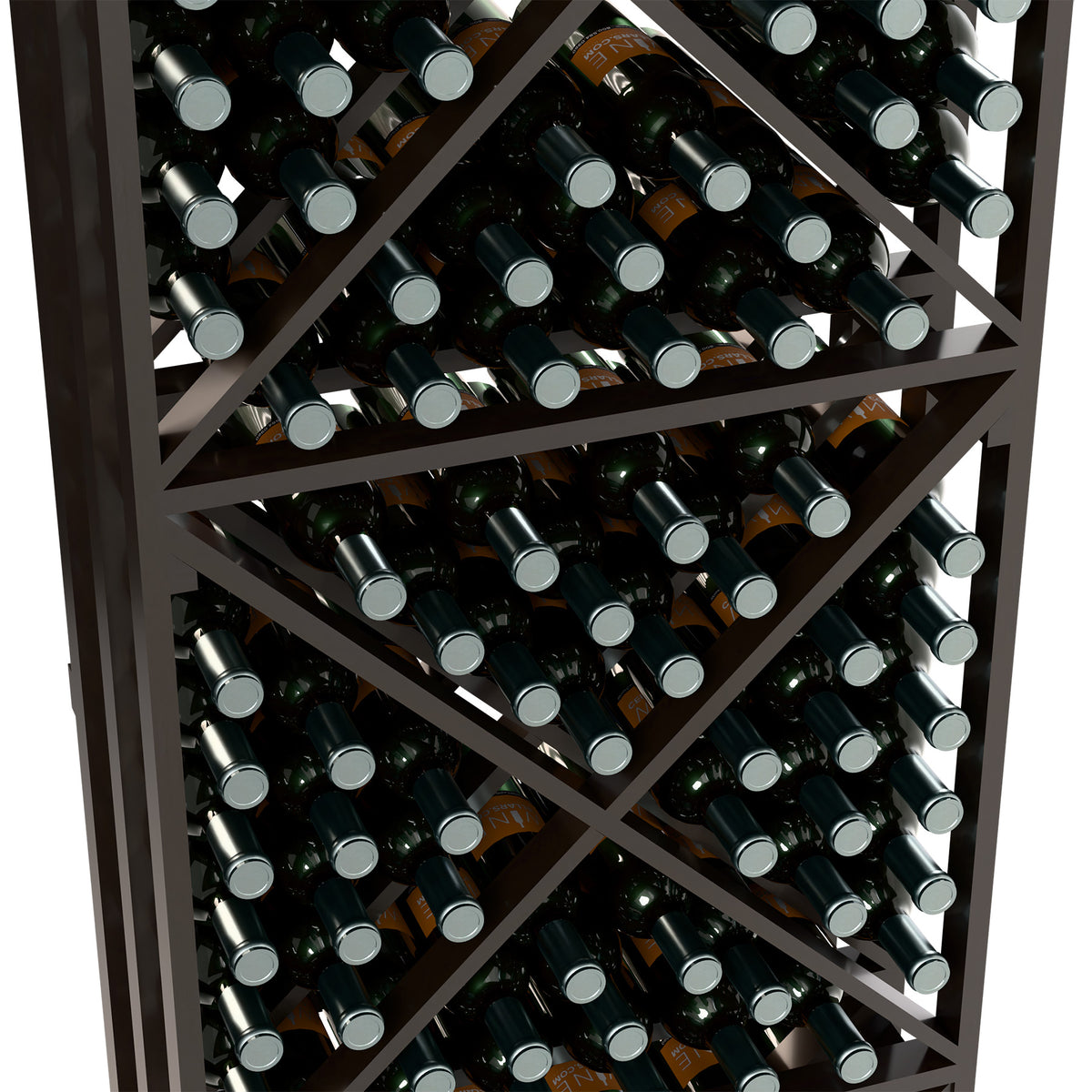 Close-up of black lattice wine bottle rack showing rows of dark bottles with gray caps