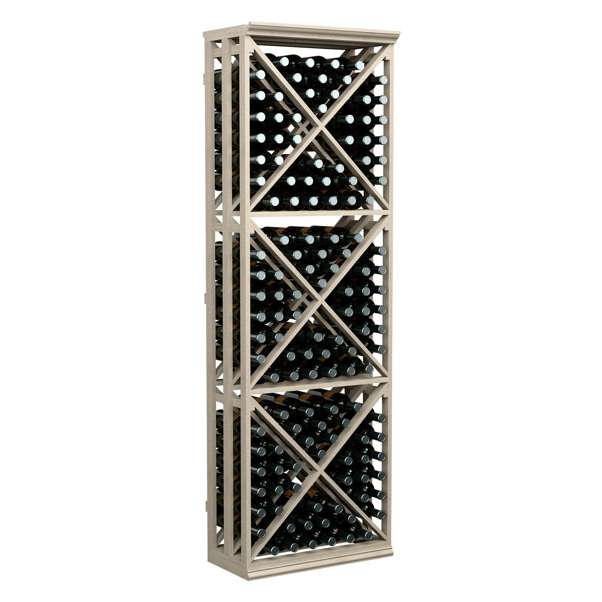 Wine bottle storage rack with lattice sides and crisscross shelves, light wood frame