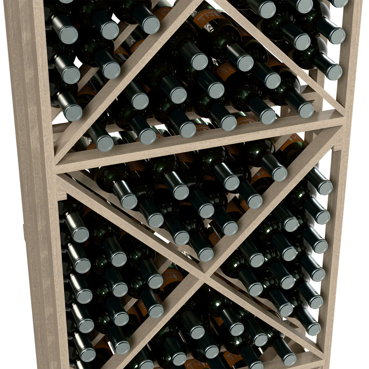 Wine bottle storage rack with crisscross shelves, bottles arranged, light wood frame