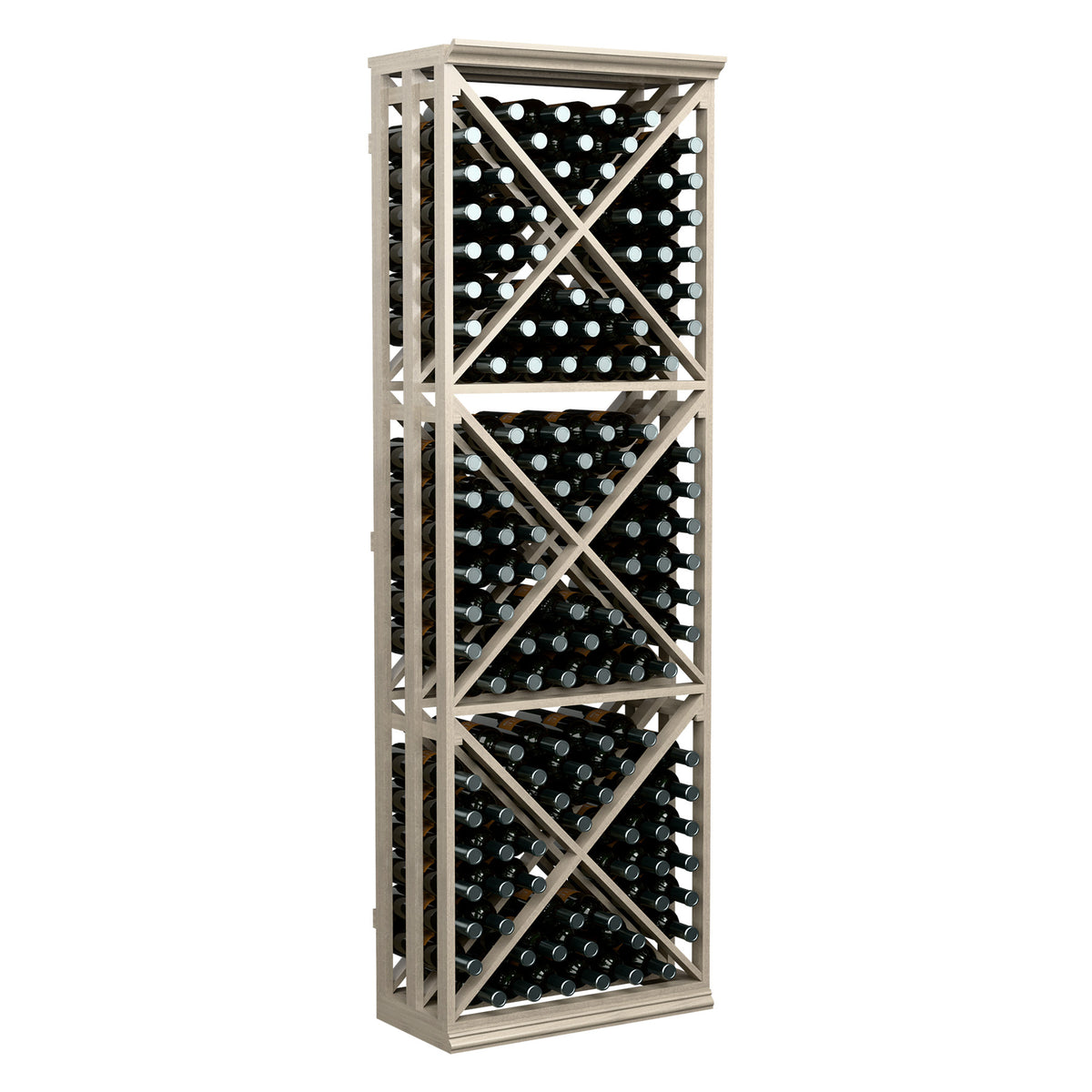 Tall wine bottle storage rack with lattice dividers and crisscross shelves, light wood