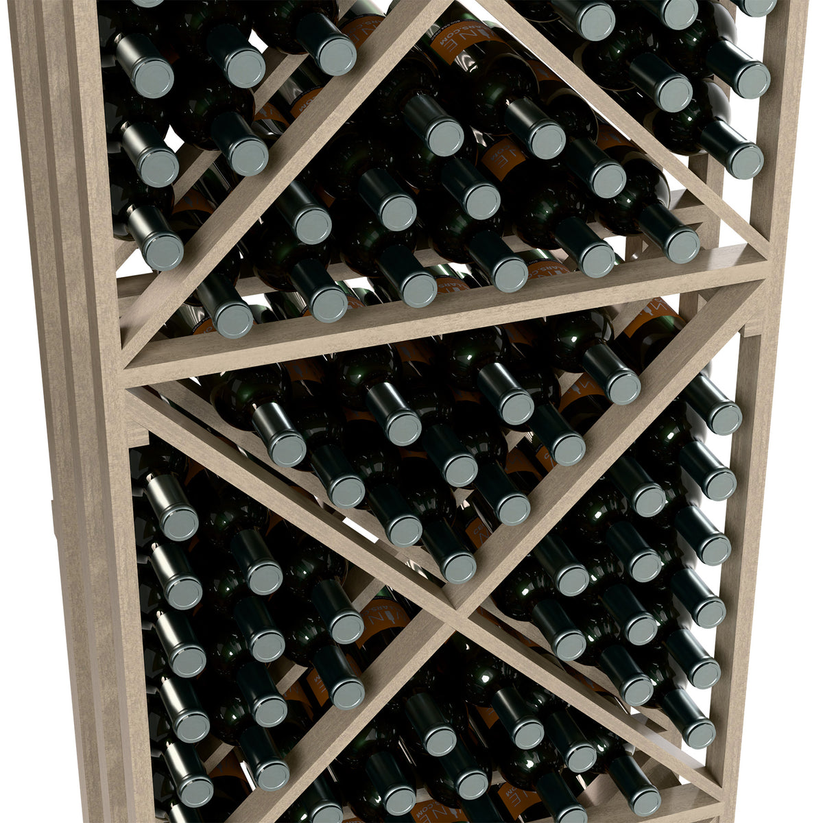 Wine bottle storage rack close-up showing bottles in crisscross shelves, light wood