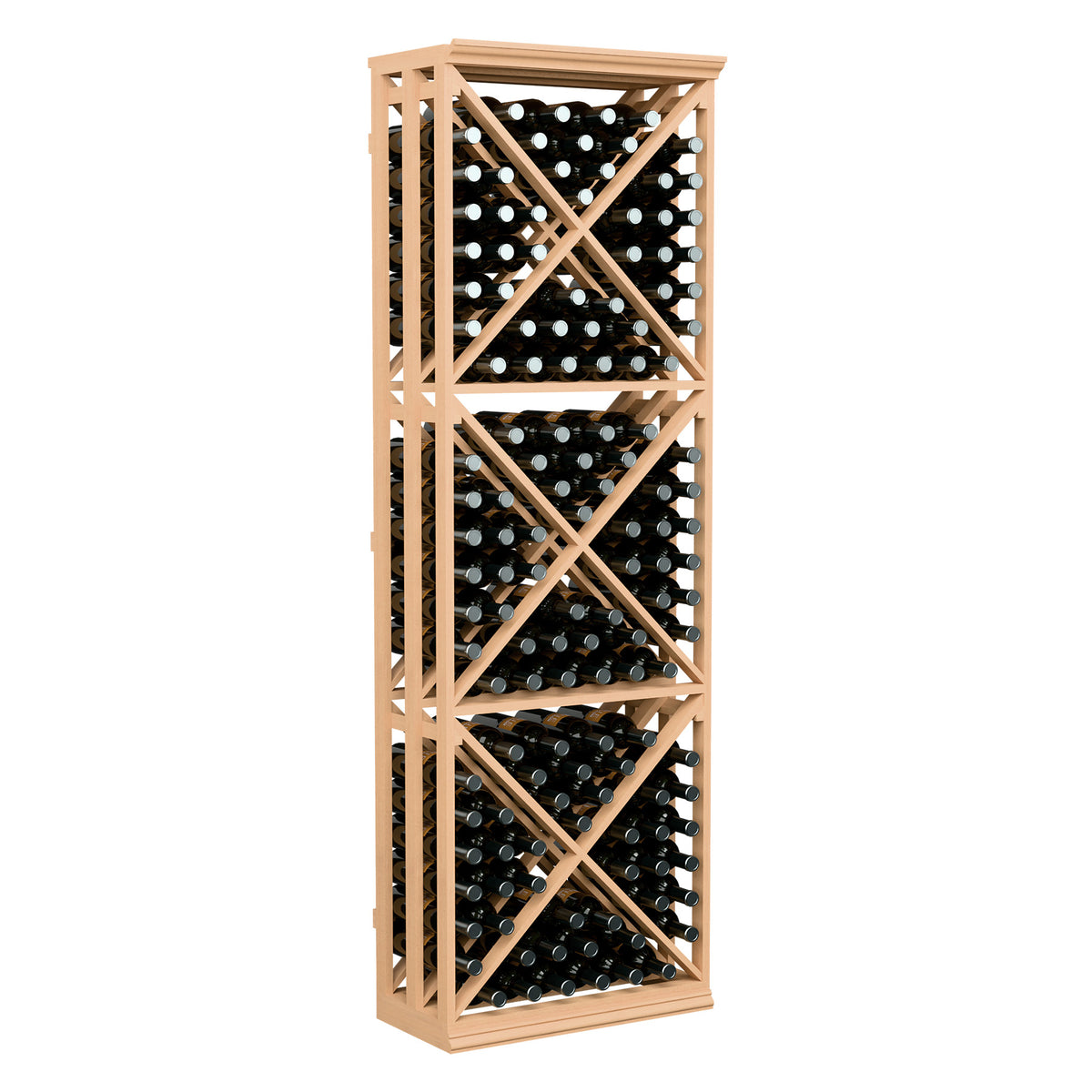 Wine bottle storage rack with lattice sides and crisscross shelves, light wood frame