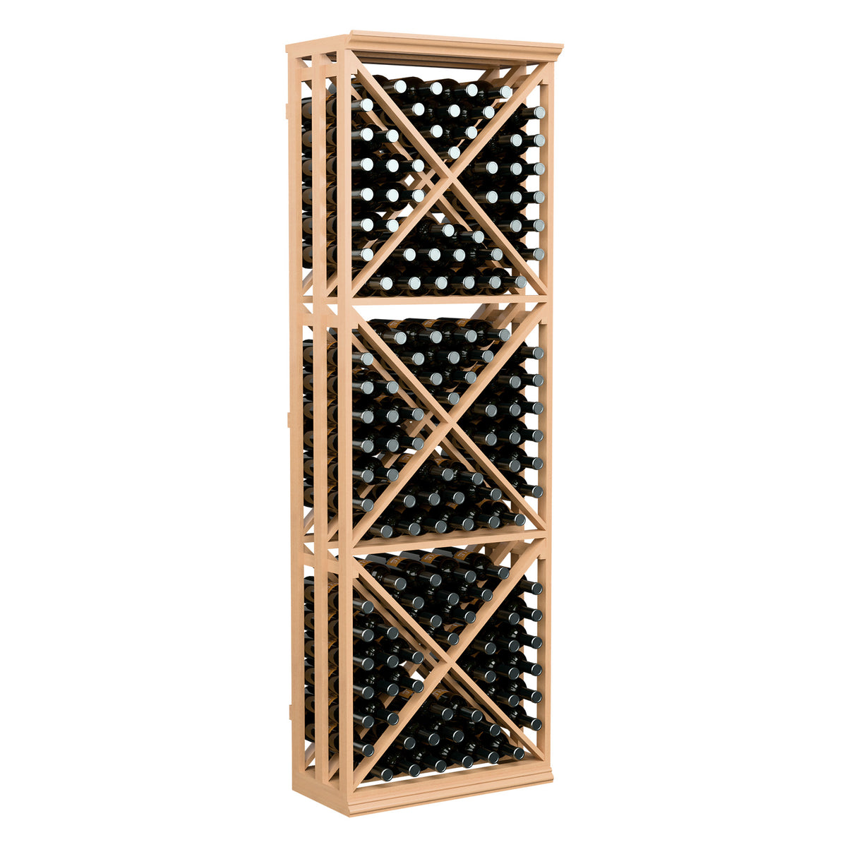 Tall wine bottle storage rack with lattice dividers and crisscross shelves, light wood