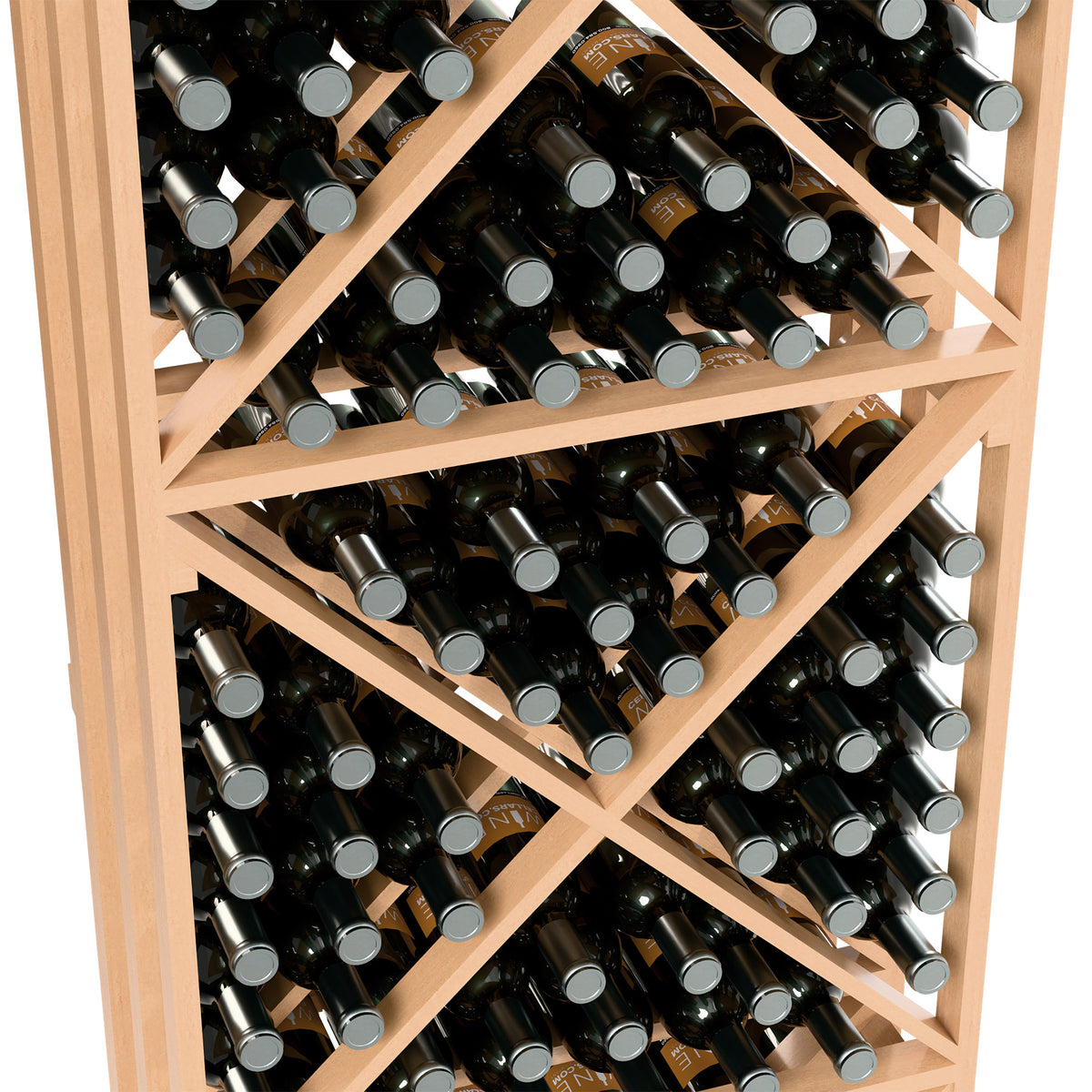 Wine bottle storage rack close-up with bottles in crisscross shelves, light wood