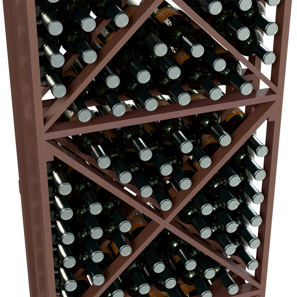 Wine bottle storage rack close-up showing bottles in crisscross shelves, dark wood