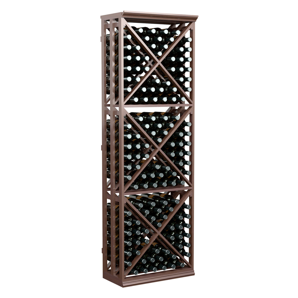 Wine bottle storage rack with dark brown lattice frame and open cube bottle holders