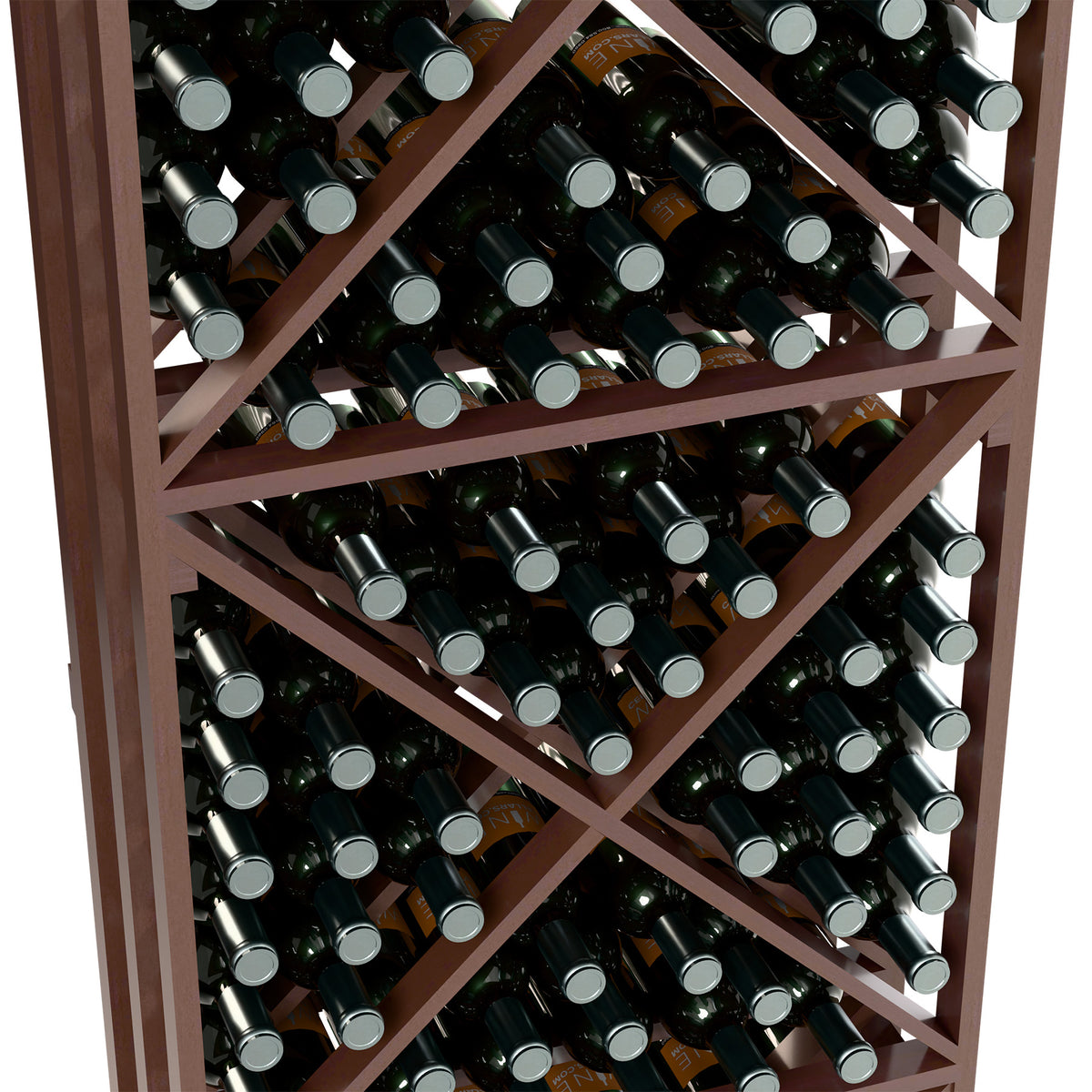 Close-up of dark brown wine bottle storage rack with lattice shelves holding bottles