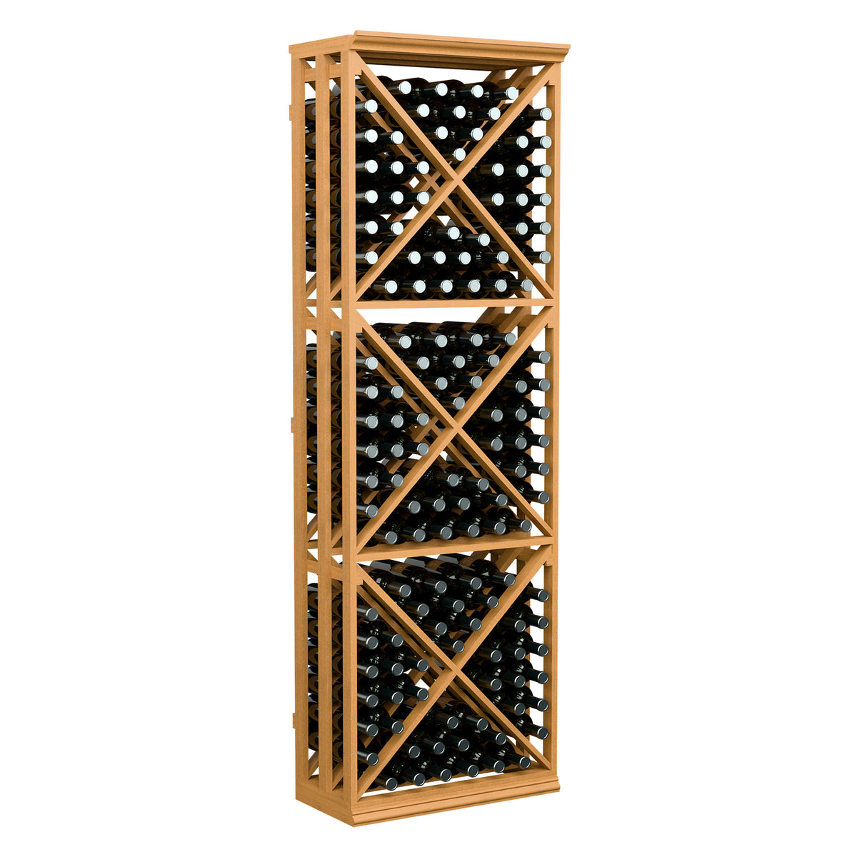 Wine bottle storage rack with natural wood lattice frame and open cube bottle holders