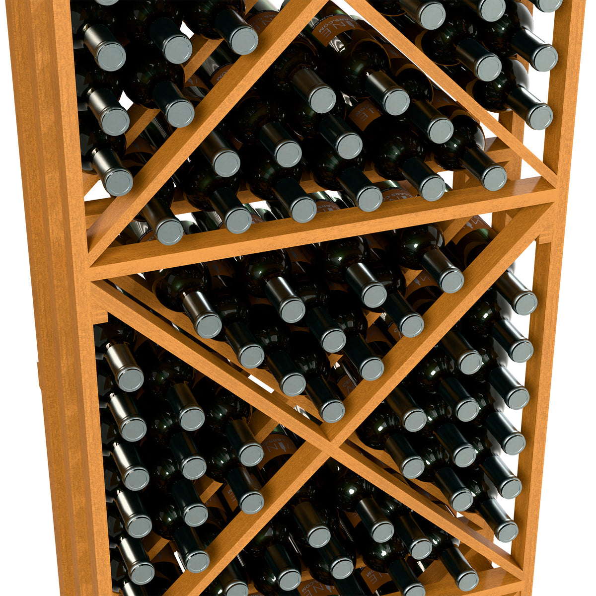 Close-up of natural wood wine bottle storage rack with lattice shelves holding bottles