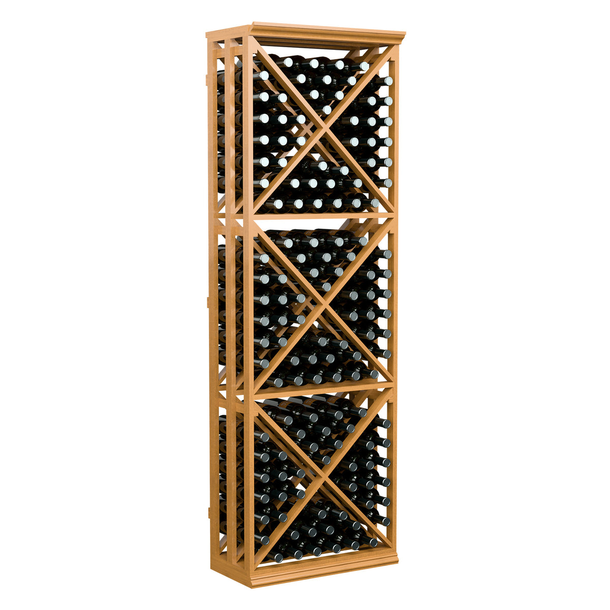 Wine bottle storage rack with natural wood lattice frame and open cube bottle holders