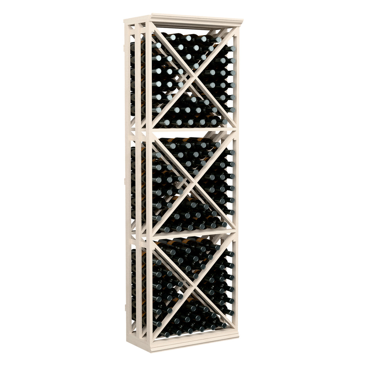 Wine bottle storage rack with light wood lattice frame and open cube bottle holders
