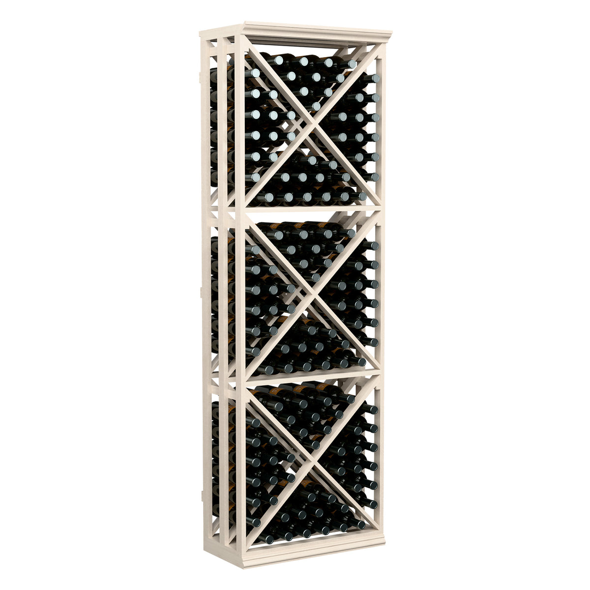 Wine bottle storage rack with light wood lattice frame and open cube bottle holders