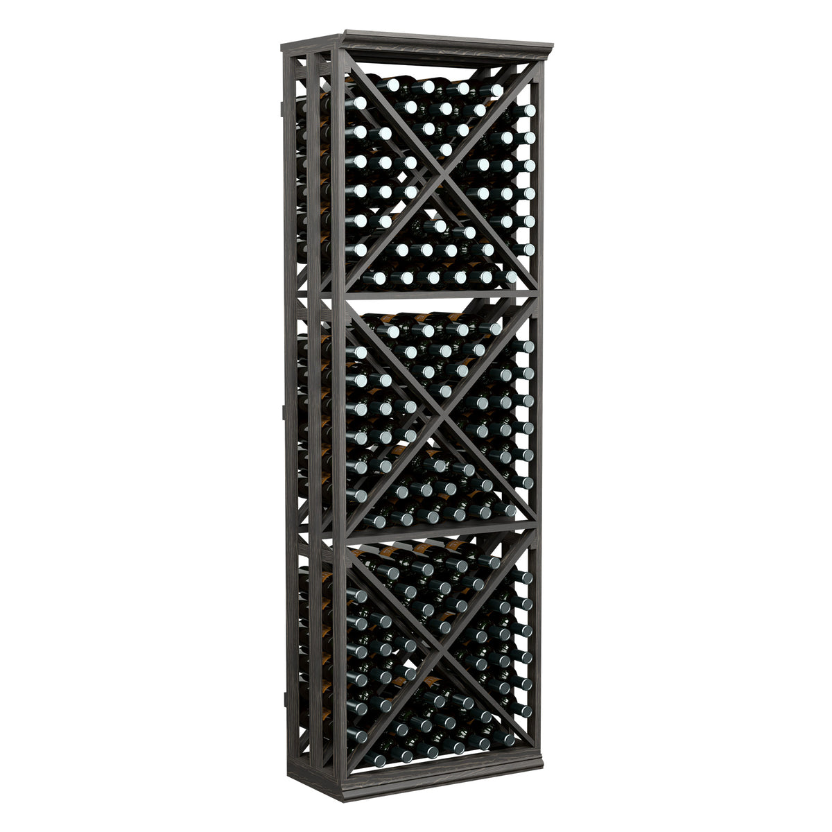 6FT wine bottle storage rack with lattice cross-brace, holds dark bottles, black frame