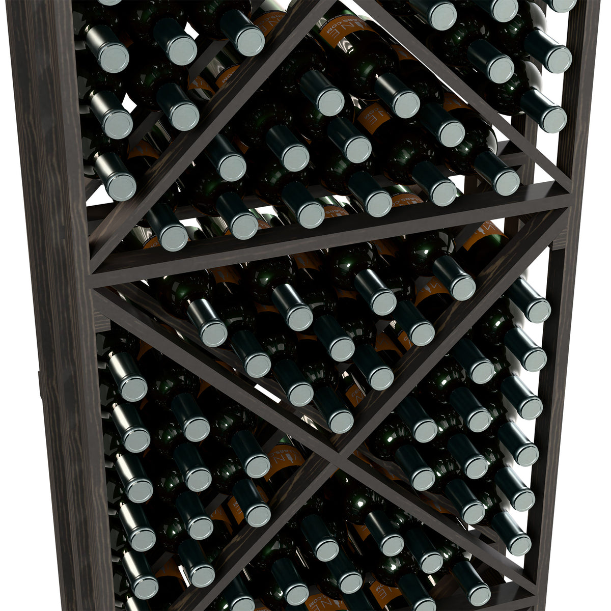 Wine bottle storage rack interior with cross-brace lattice, dark bottles in black frame