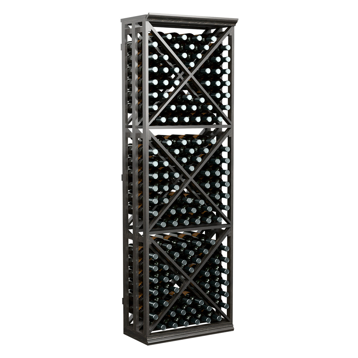6FT wine bottle storage rack with lattice cross-brace, holds dark bottles, black frame