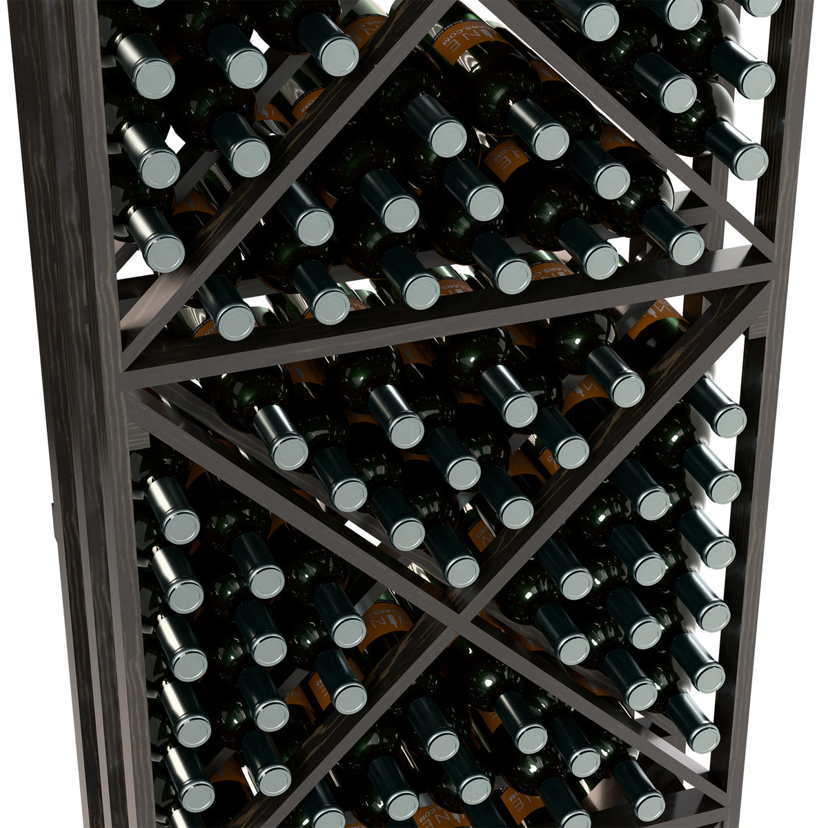 Wine bottle storage rack shelf view with cross-brace lattice, dark bottles in black frame