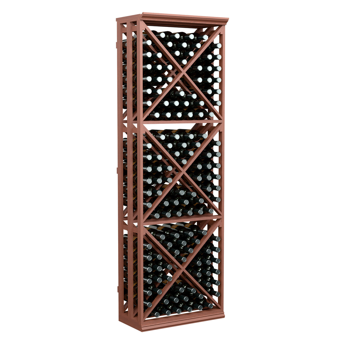 6FT wine bottle storage rack with lattice cross-brace, holds dark bottles, red-brown frame