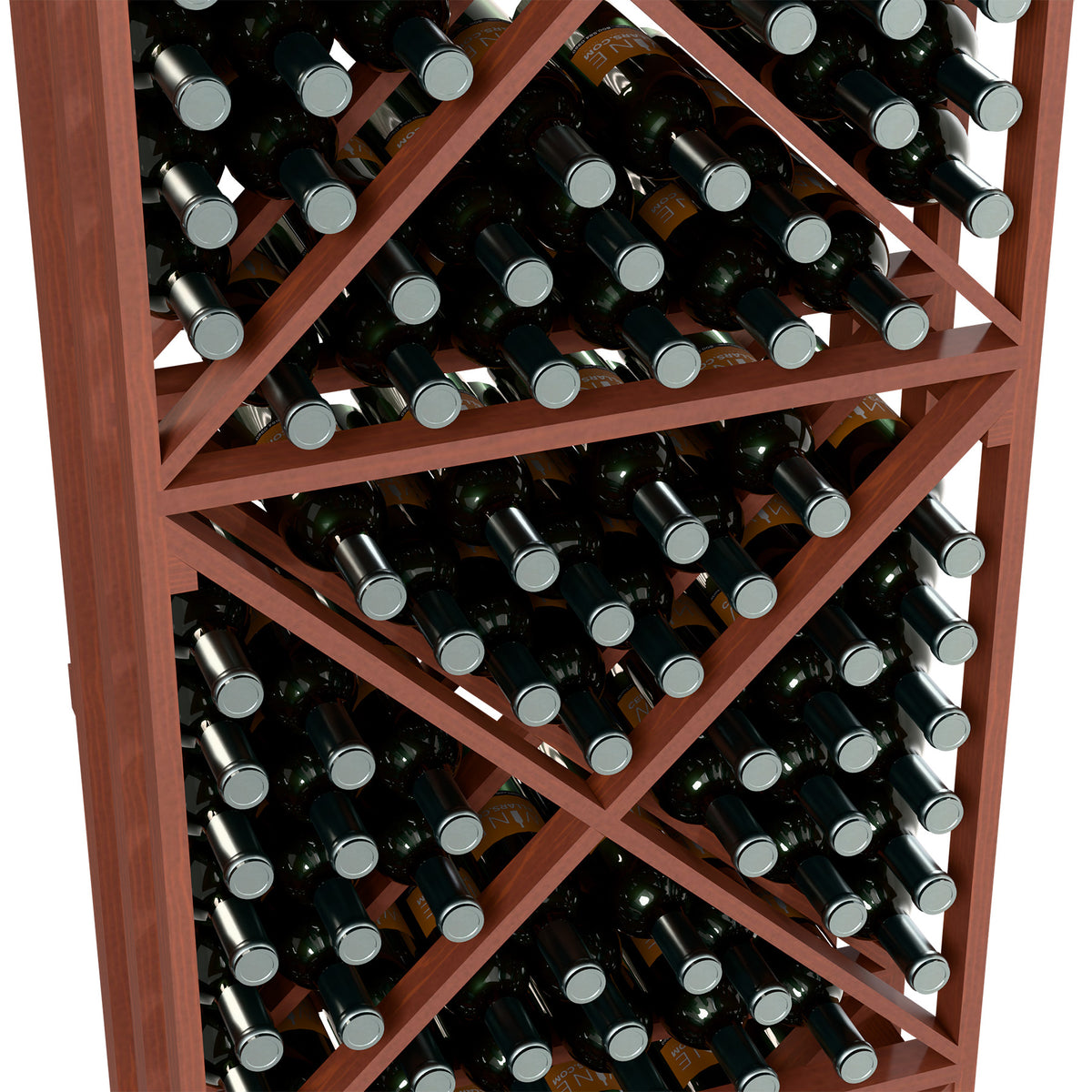 Wine bottle storage rack interior with cross-brace lattice, dark bottles in red-brown frame