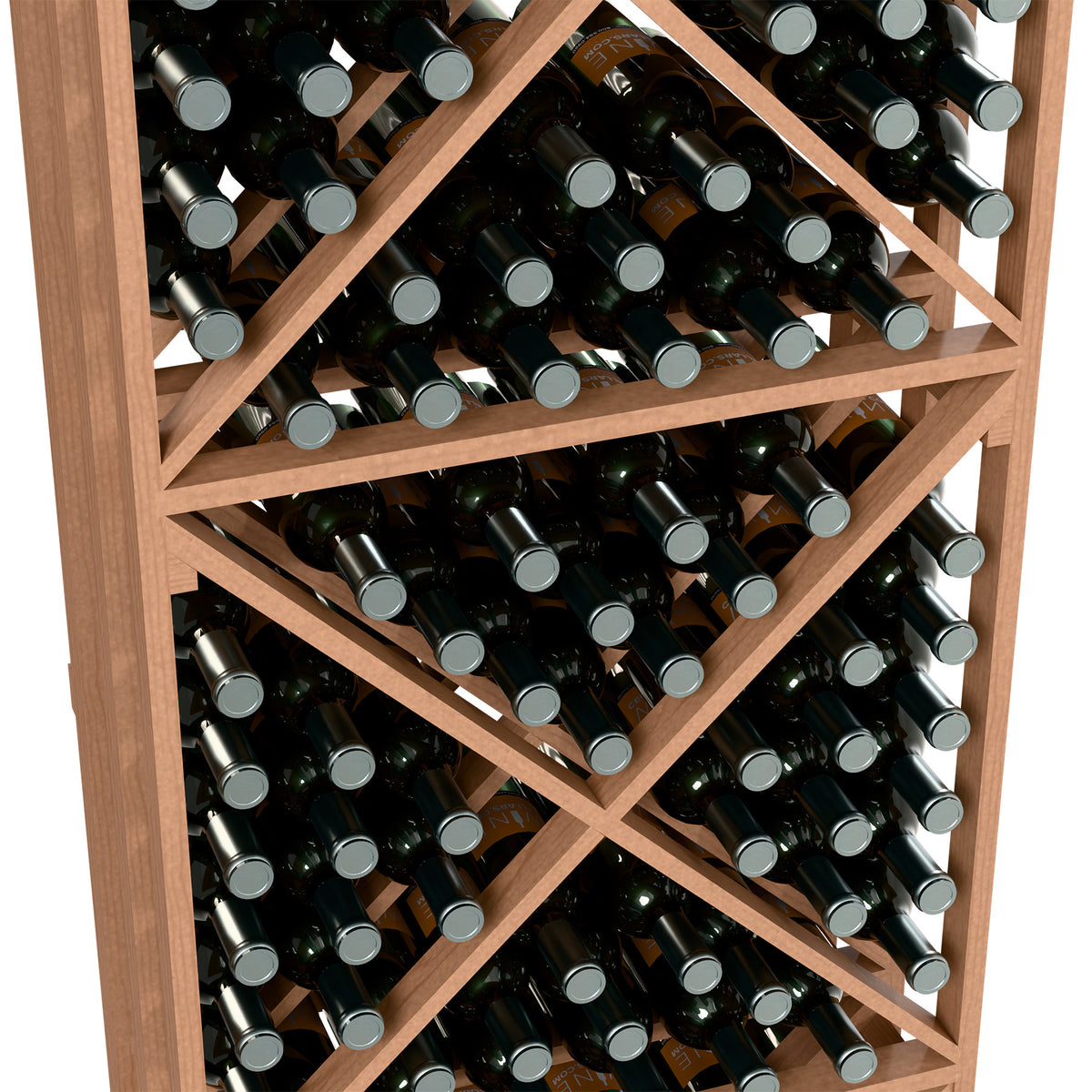 Wine bottle storage rack interior view with cross-brace lattice, dark bottles in wood frame