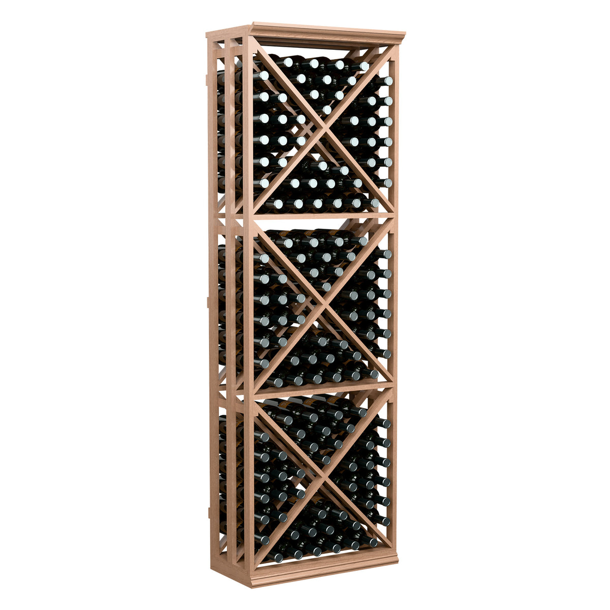 Natural wood lattice wine storage rack with X-brace shelves holding bottles