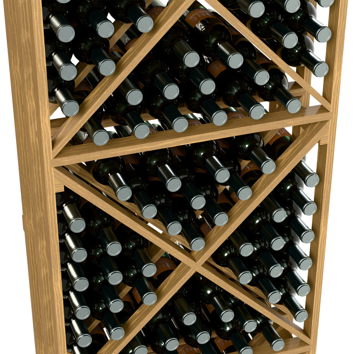 Close-up of natural wood X-brace wine rack with rows of dark bottles