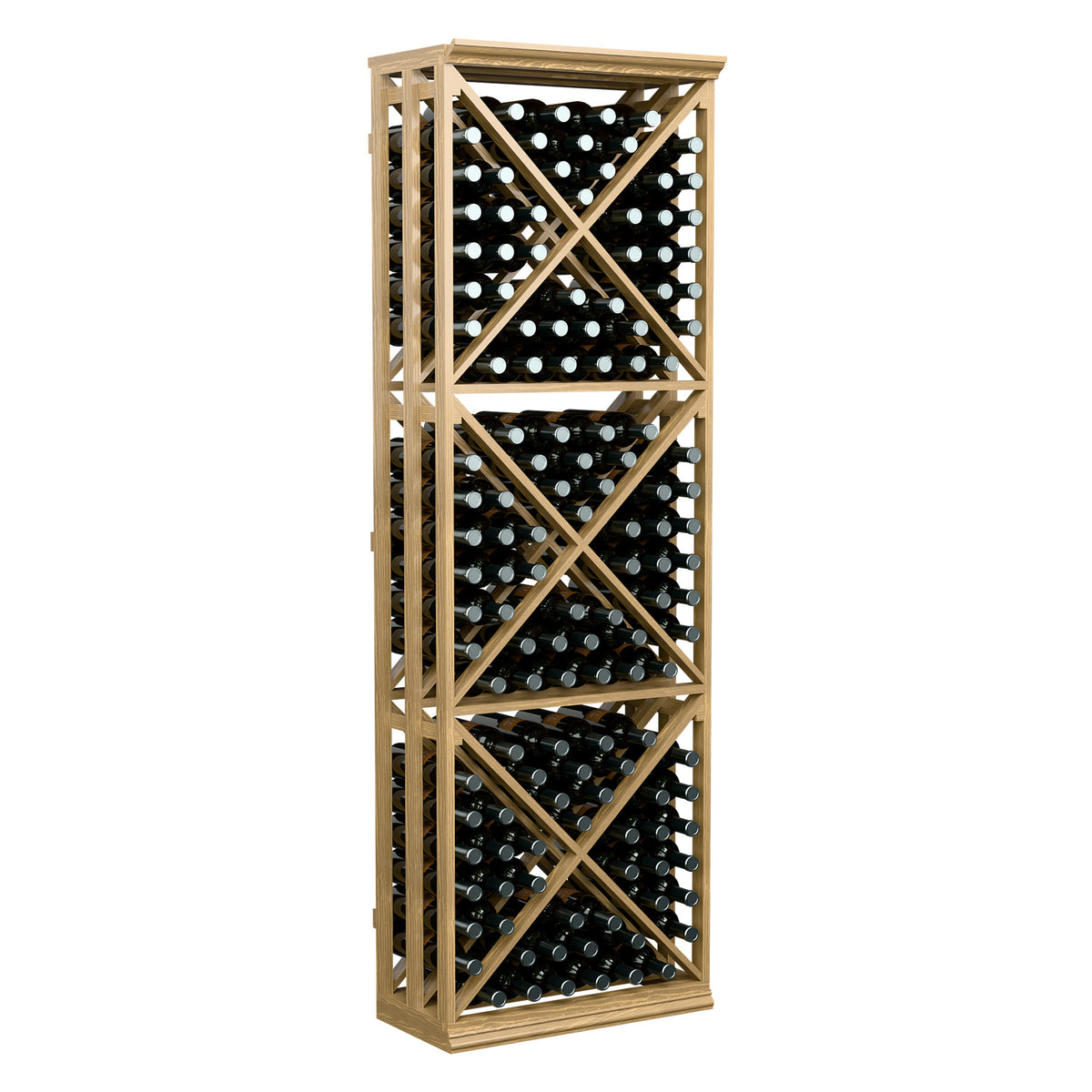 Natural wood lattice wine storage rack with crisscross X shelves for bottles