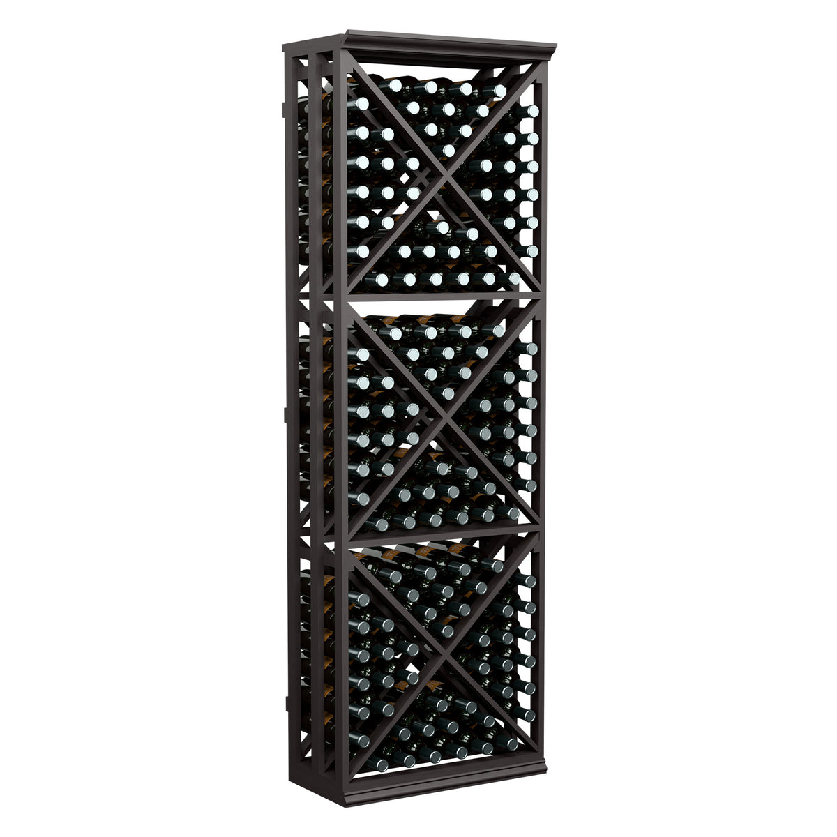Black lattice wine storage rack with X-brace shelves holding bottles