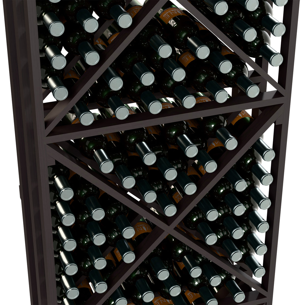 Close-up of black lattice wine rack with X shelves and dark wine bottles