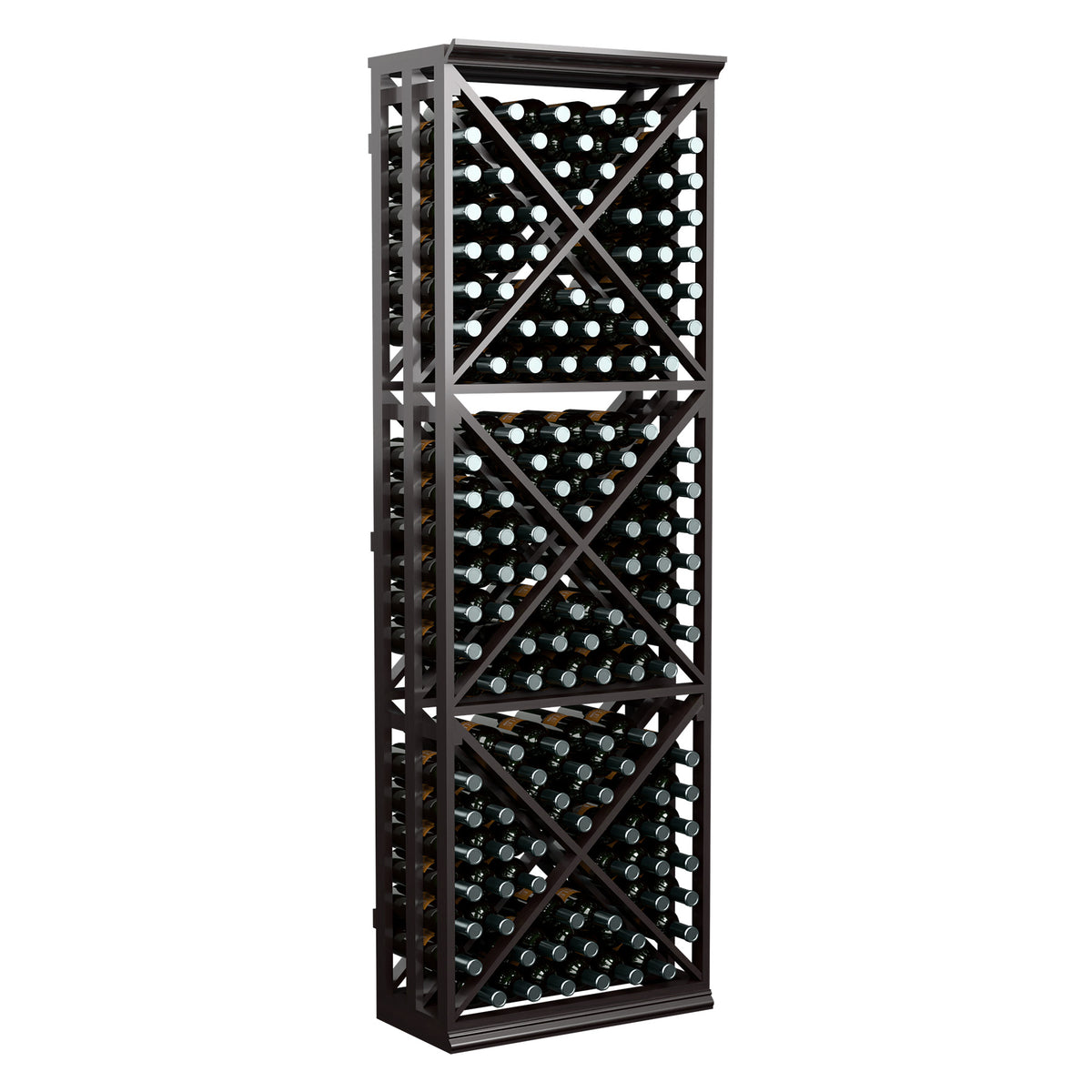 Black lattice wine storage rack with X-pattern shelves and bottle storage