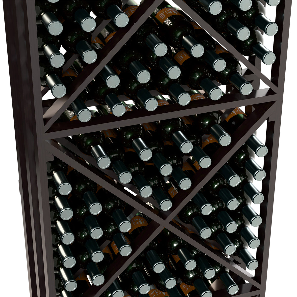 Close-up of black X-brace wine rack with rows of dark bottles